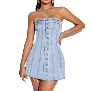 Flap Pocket Button Front Tube Denim Dress